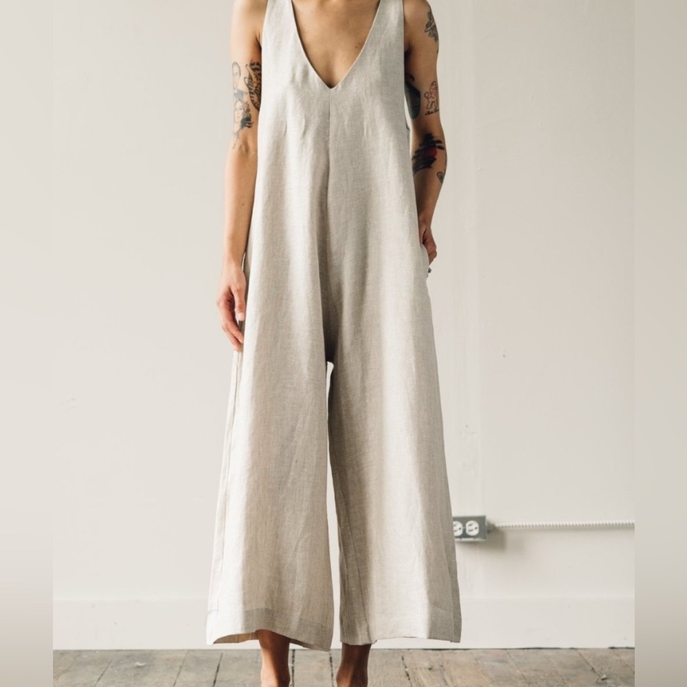 OZMA Cream Wide Leg Linen Jumpsuit